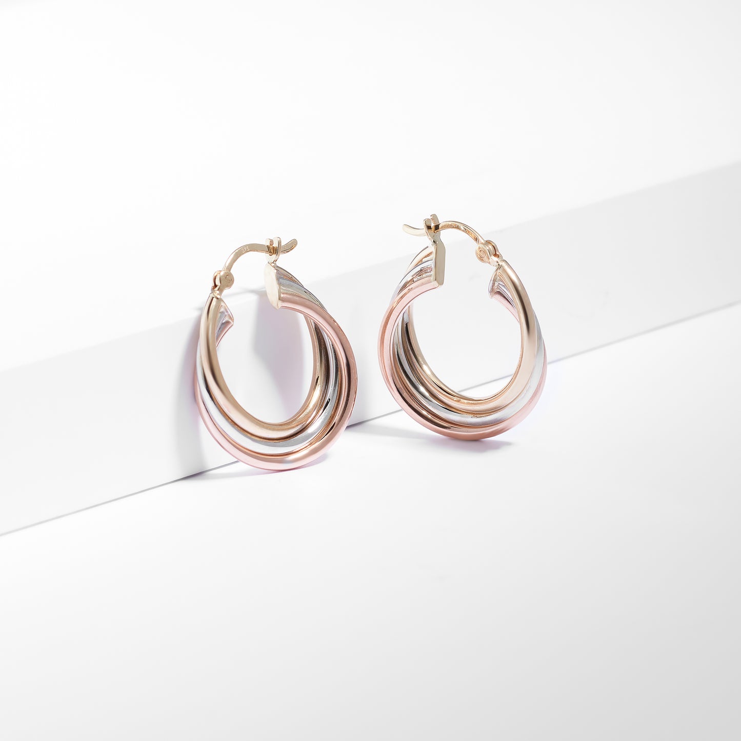 9K Yellow, White And Rose Gold Trio Twist Hoop Earrings 20mm