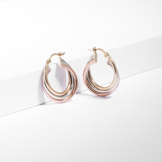 9K Yellow, White And Rose Gold Trio Twist Hoop Earrings 20mm