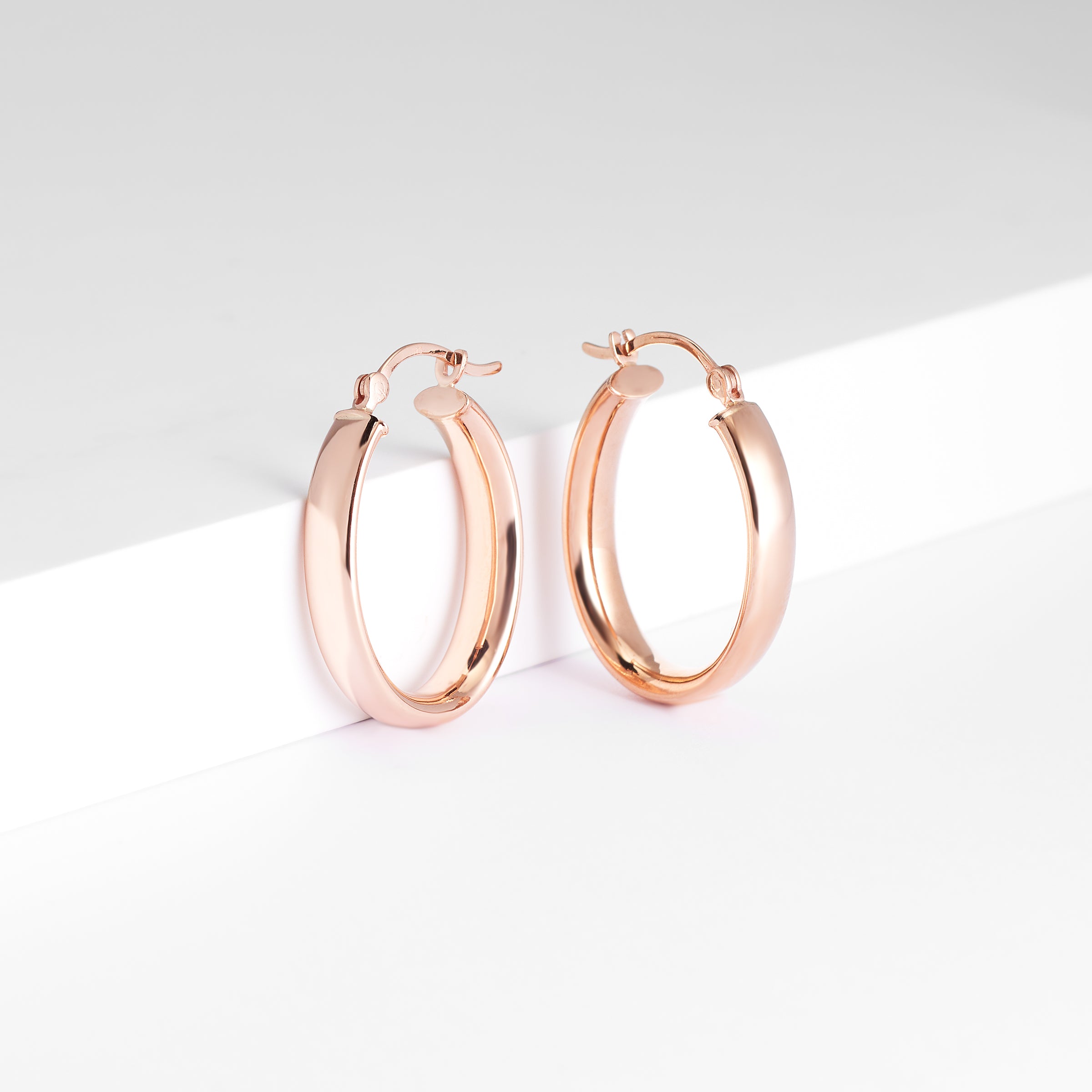 9K Rose Gold Oval Half Round Hoop Earrings 20x14mm