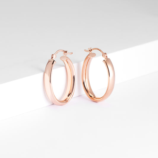 9K Rose Gold Oval Half Round Hoop Earrings 20x14mm