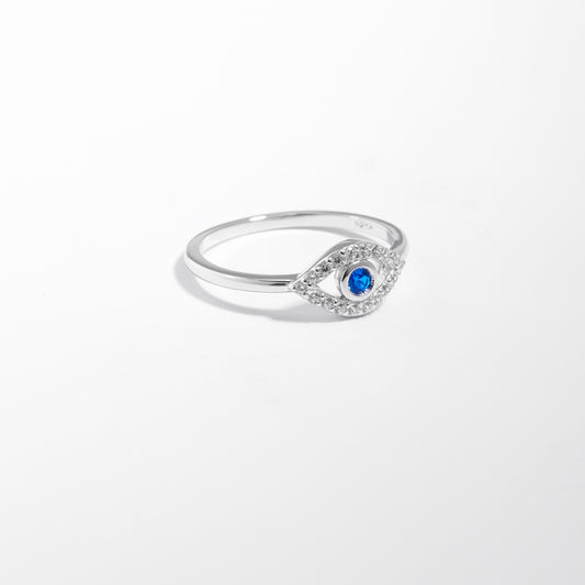 Sterling Silver Blue And White Zirconia Evil Eye Ring