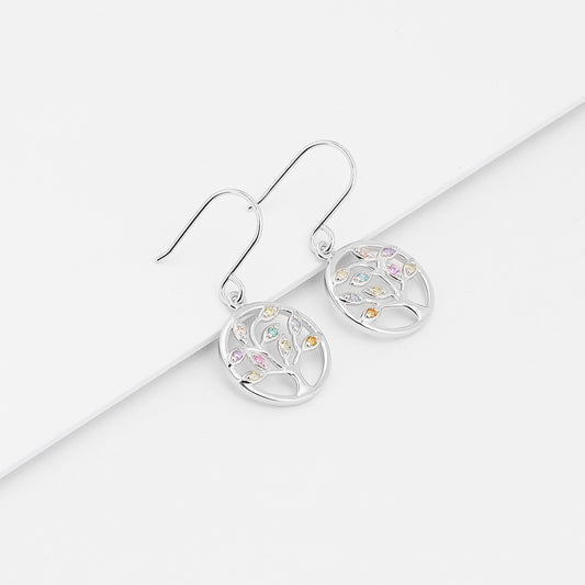 Sterling Silver Coloured Zirconia Tree of Life Drop Earrings