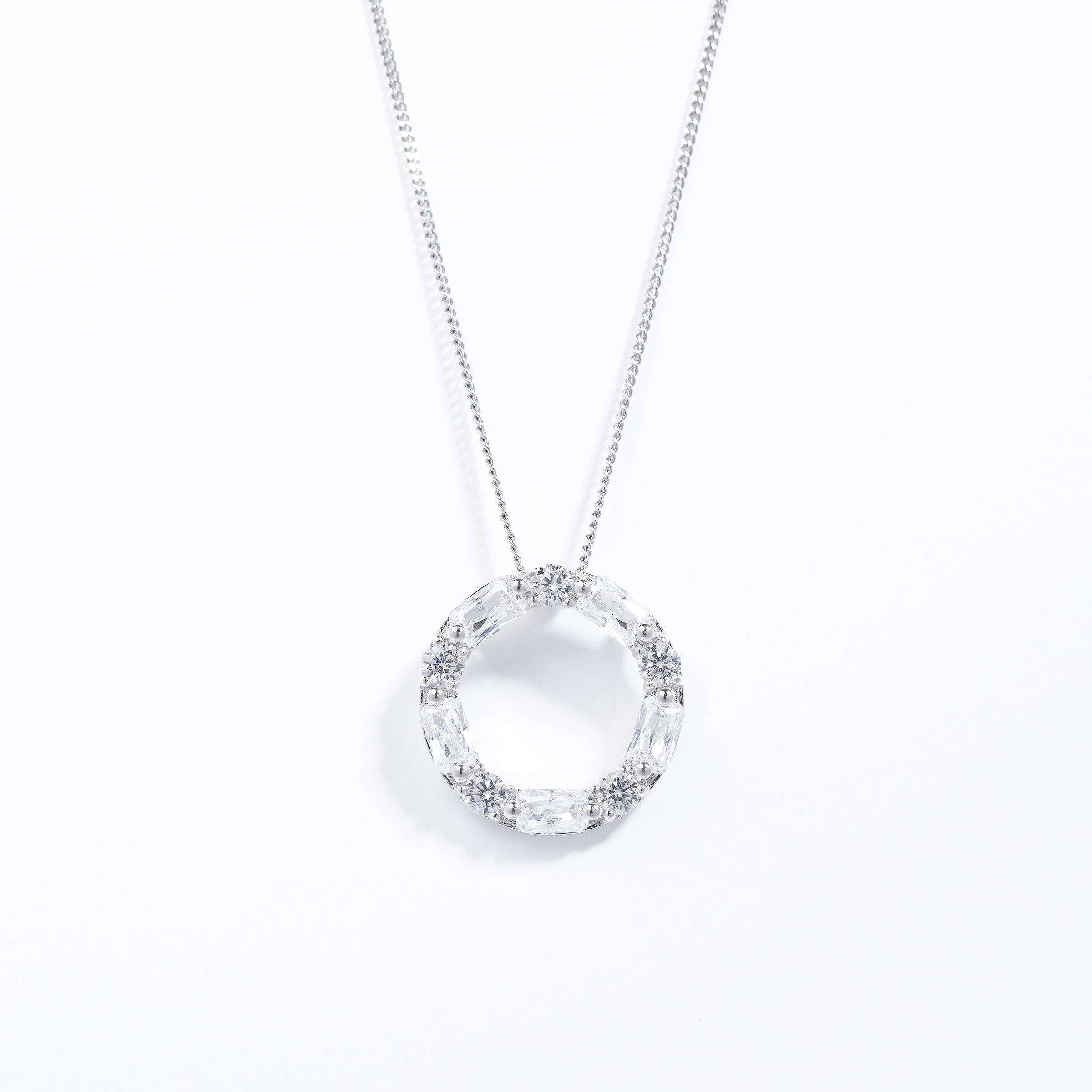 Sterling Silver Round And Baguette Zirconia Slider Pendant