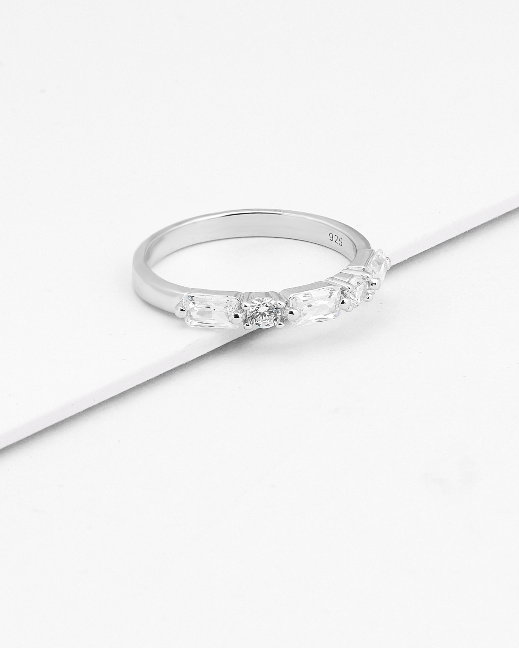 Sterling Silver Round And Baguette Zirconia Ring