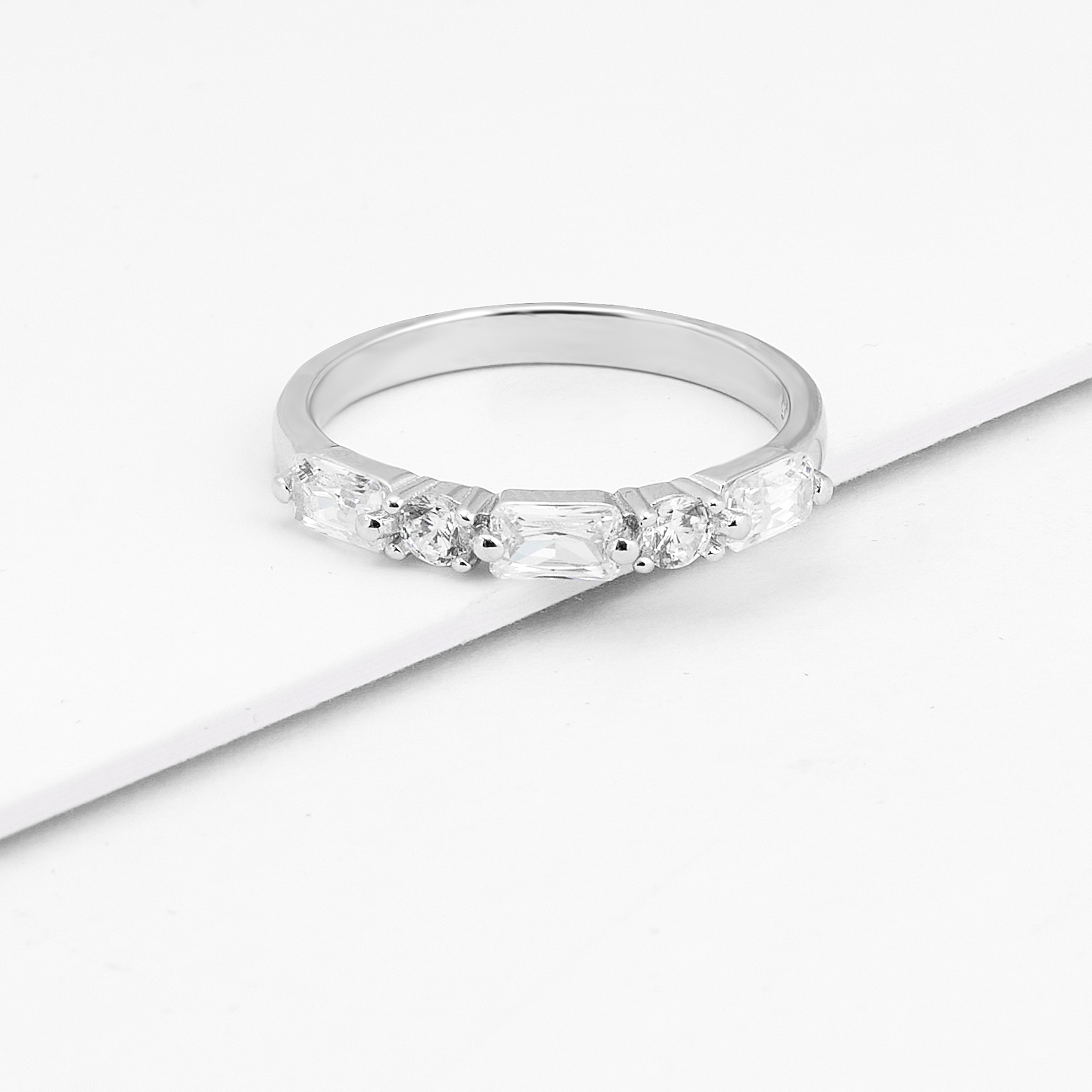 Sterling Silver Round And Baguette Zirconia Ring