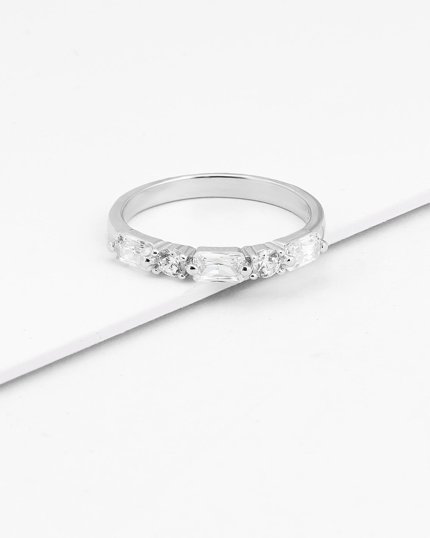 Sterling Silver Round And Baguette Zirconia Ring