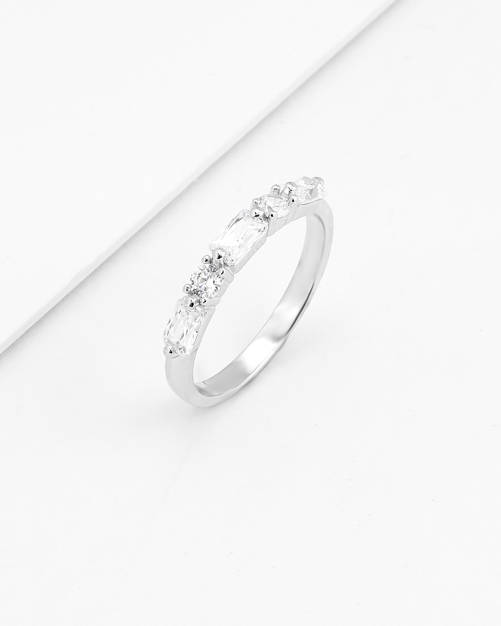 Sterling Silver Round And Baguette Zirconia Ring