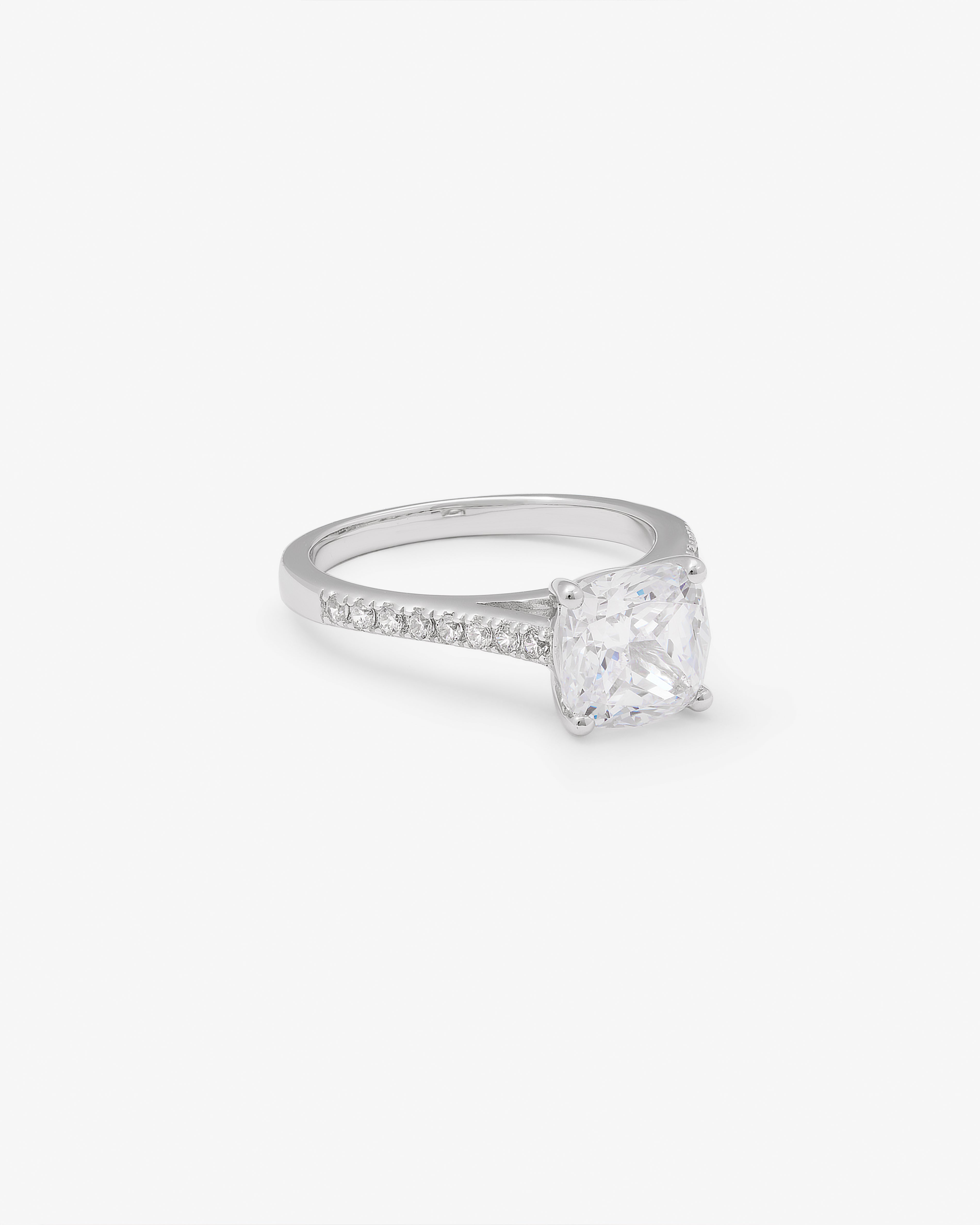 Sterling Silver Zirconia Cushion Solitaire And Shoulders Ring
