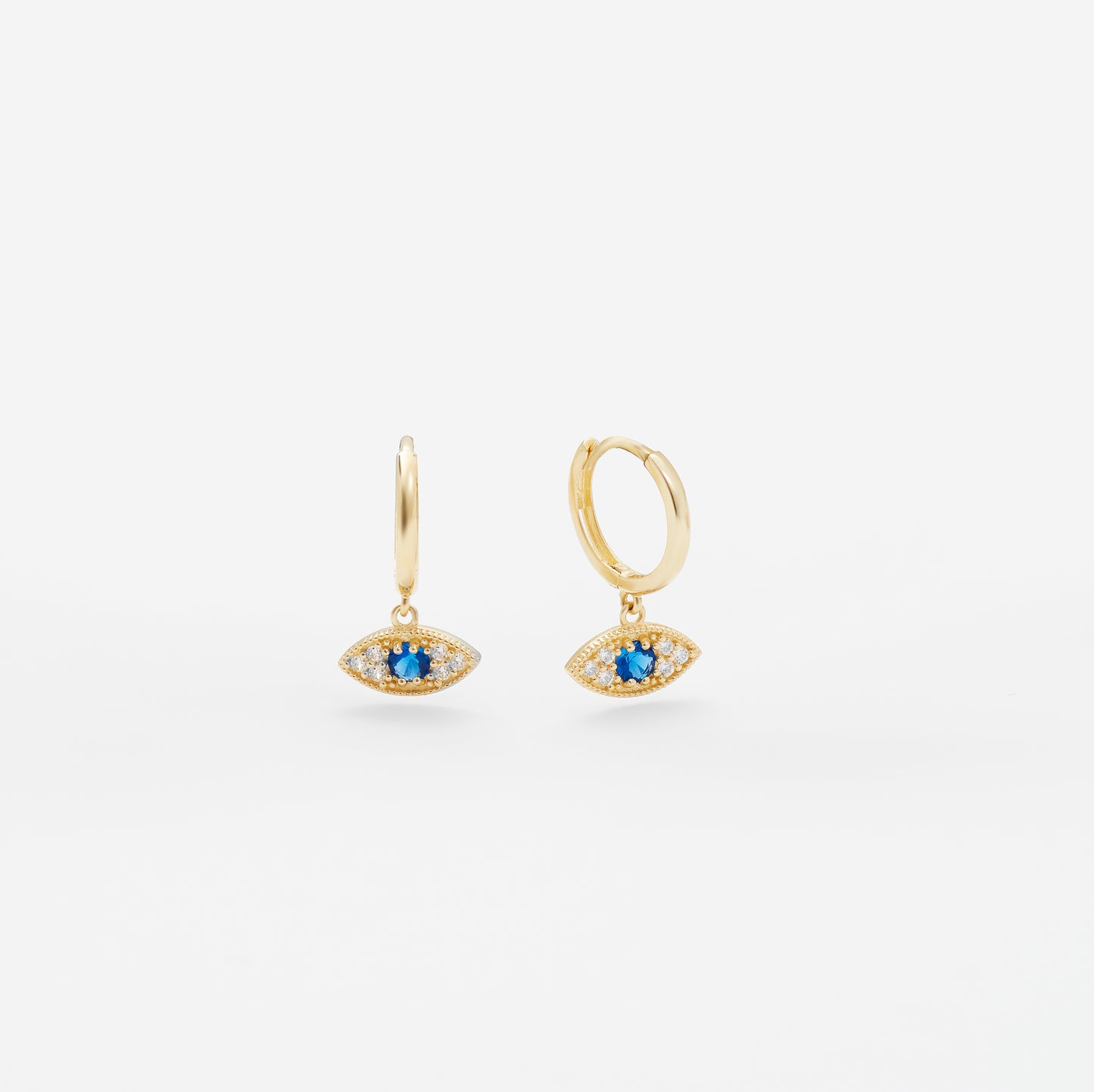 9K Yellow Gold Zirconia and Blue Sapphire Evil Eye Huggie Earrings