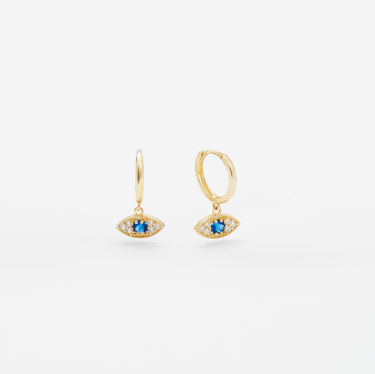 9K Yellow Gold Zirconia and Blue Sapphire Evil Eye Huggie Earrings