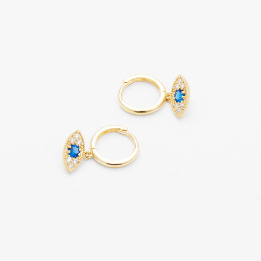 9K Yellow Gold Zirconia and Blue Sapphire Evil Eye Huggie Earrings