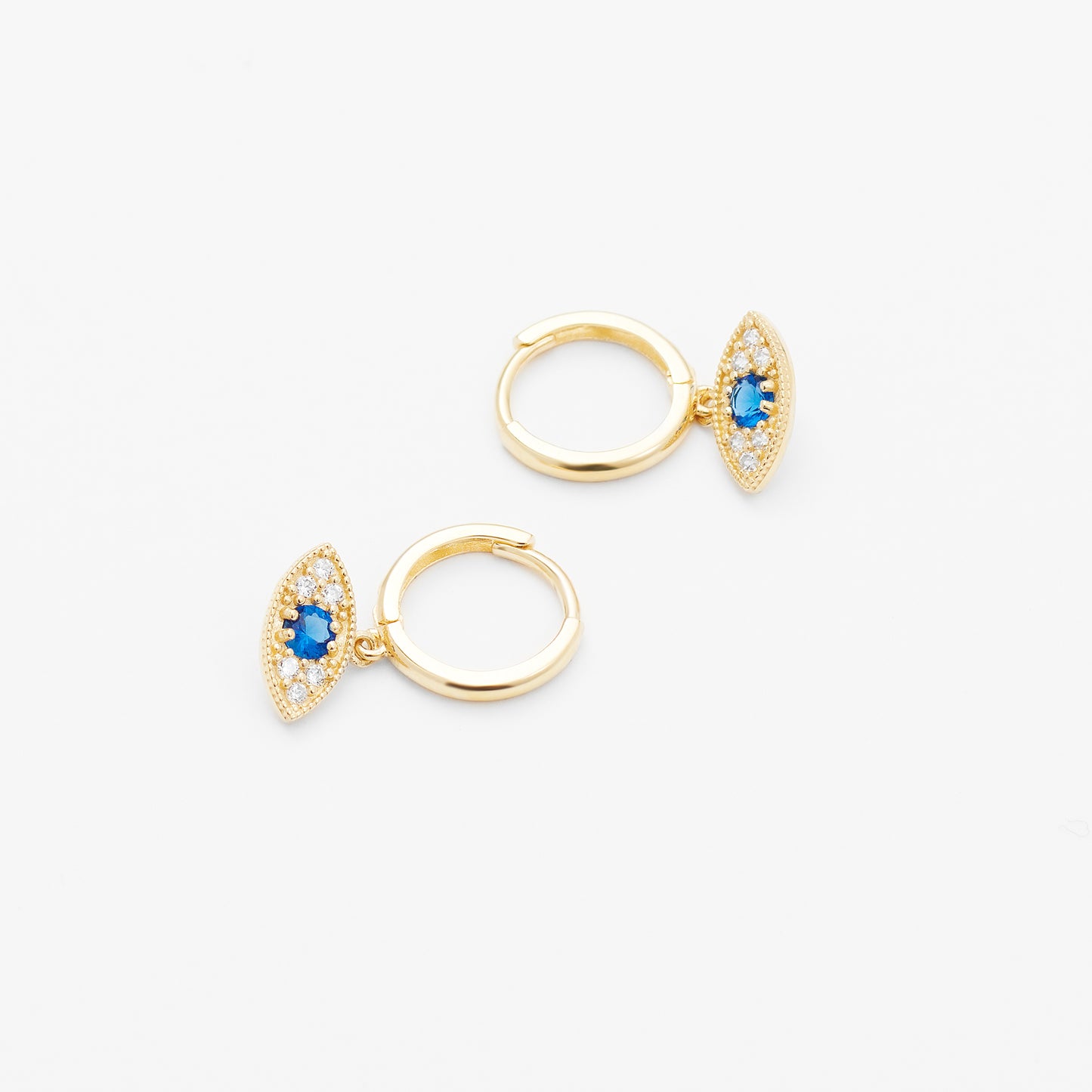 9K Yellow Gold Zirconia and Blue Sapphire Evil Eye Huggie Earrings