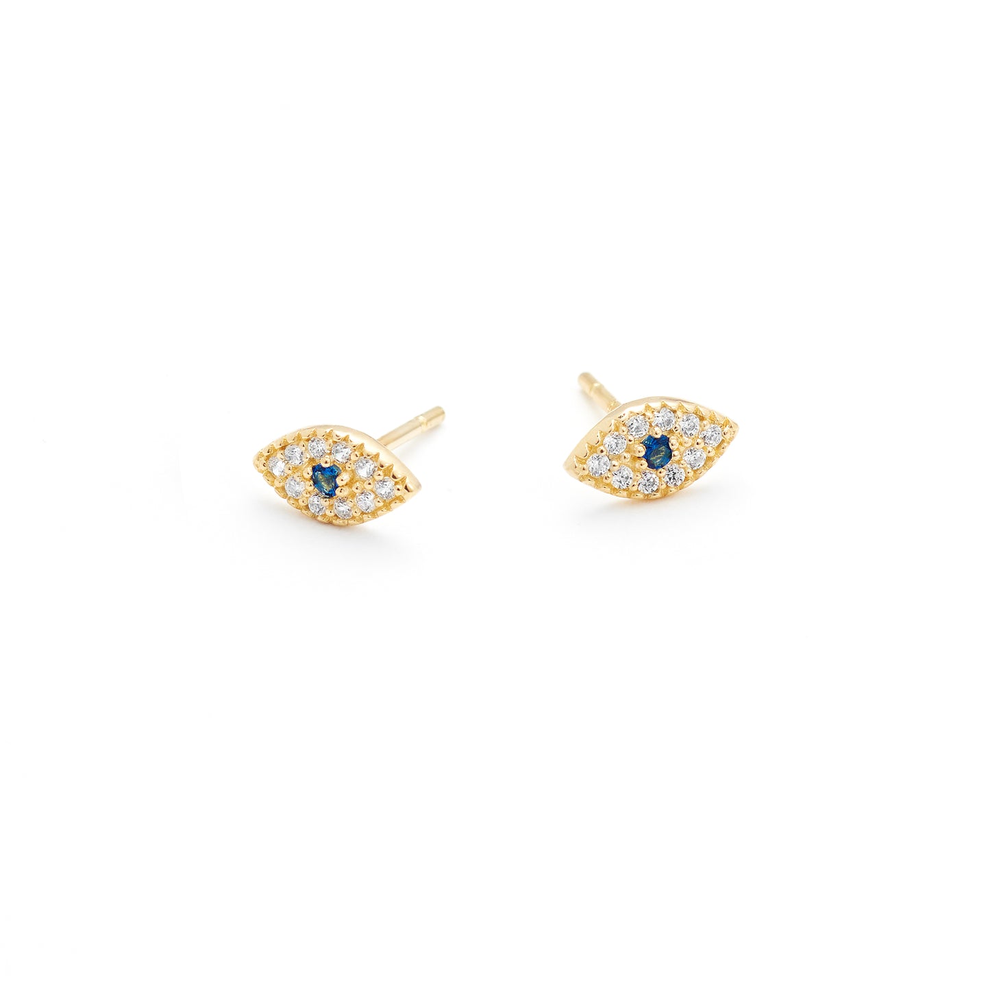 9K Yellow Gold Blue Sapphire Cluster and Zirconia Evil Eye Stud Earrings