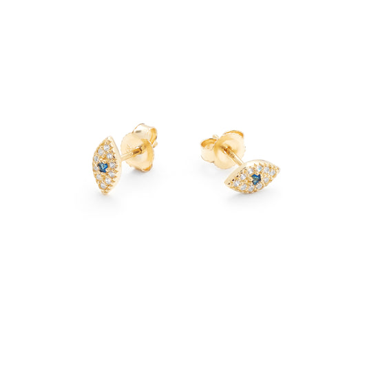9K Yellow Gold Blue Sapphire Cluster and Zirconia Evil Eye Stud Earrings