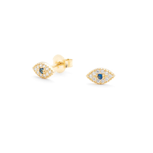 9K Yellow Gold Blue Sapphire Cluster and Zirconia Evil Eye Stud Earrings