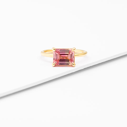 9K Yellow Gold Cr Orange And Yellow Sapphire 9x7mm Emerald Cut East West Ring