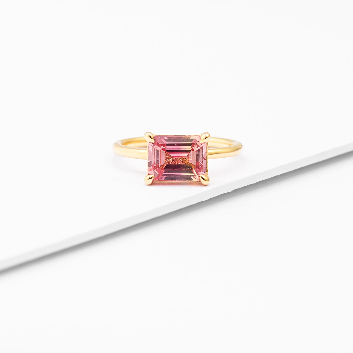 9K Yellow Gold Cr Orange And Yellow Sapphire 9x7mm Emerald Cut East West Ring