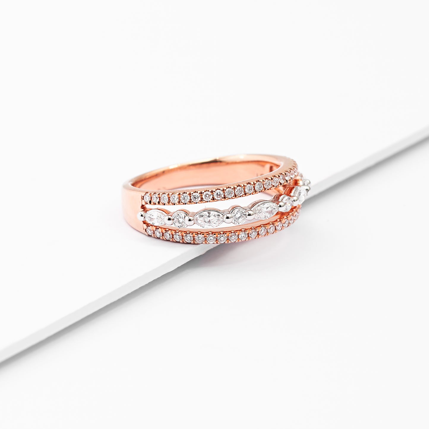 9K Rose Gold Marquise And Round Brilliant Lab Diamond Floating Centre 3 Row Band Ring 0.70tdw