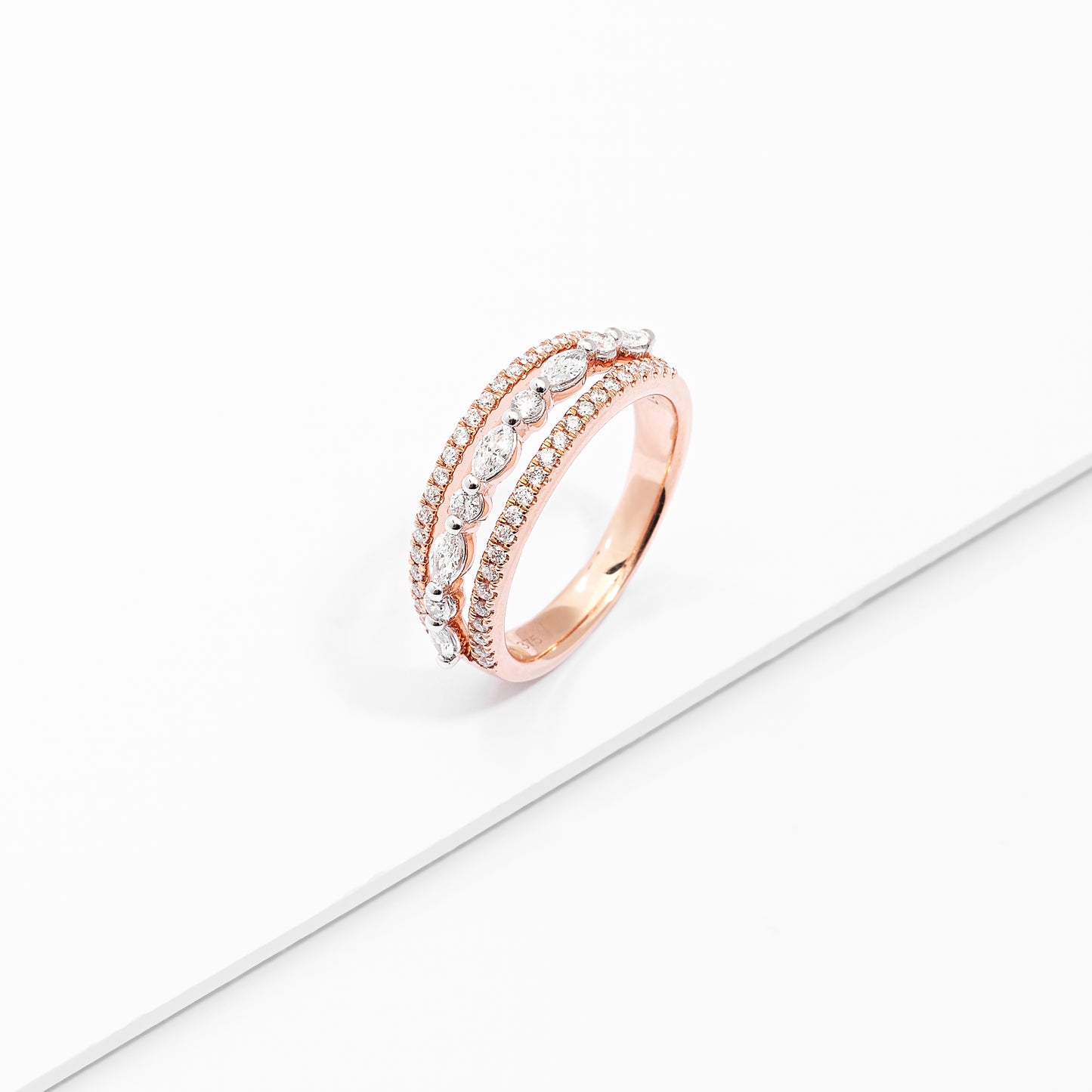 9K Rose Gold Marquise And Round Brilliant Lab Diamond Floating Centre 3 Row Band Ring 0.70tdw