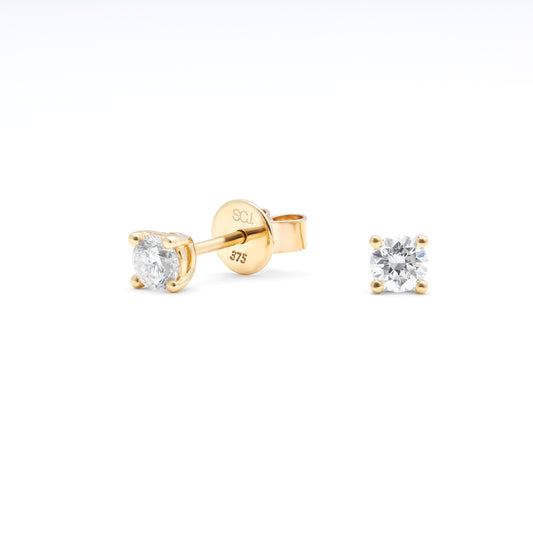 9K Yellow Gold Round Brilliant Diamond Solitaire Stud Earrings 0.40tdw