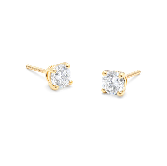 9K Yellow Gold Round Brilliant Lab Diamond Solitaire Screw Back Stud Earrings 1.5tdw