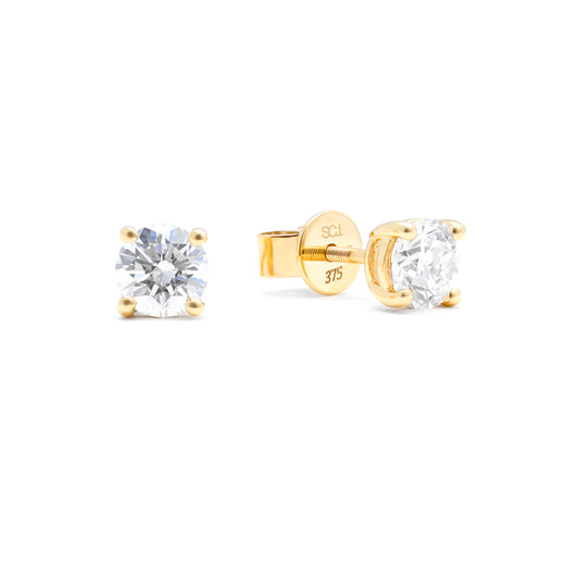 9K Yellow Gold Round Brilliant Lab Diamond Solitaire Screw Back Stud Earrings 1.5tdw