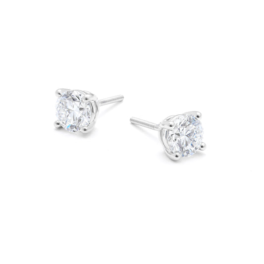 18K White Gold Round Brilliant Lab Diamond Solitaire Screw Back Stud Earrings 2.0tdw