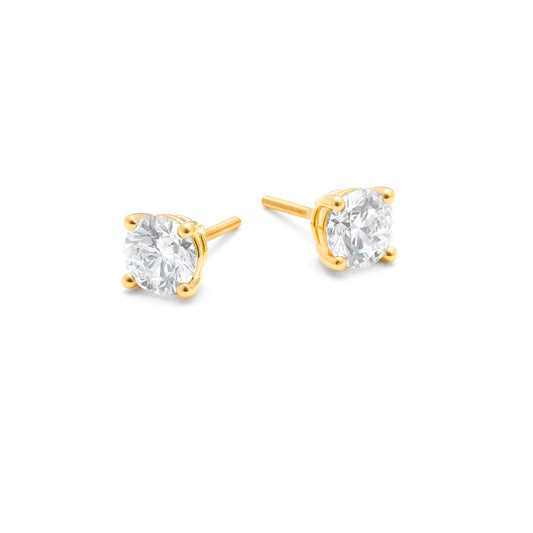 18K Yellow Gold Round Brilliant Lab Diamond Solitaire Screw Back Stud Earrings 2.0tdw