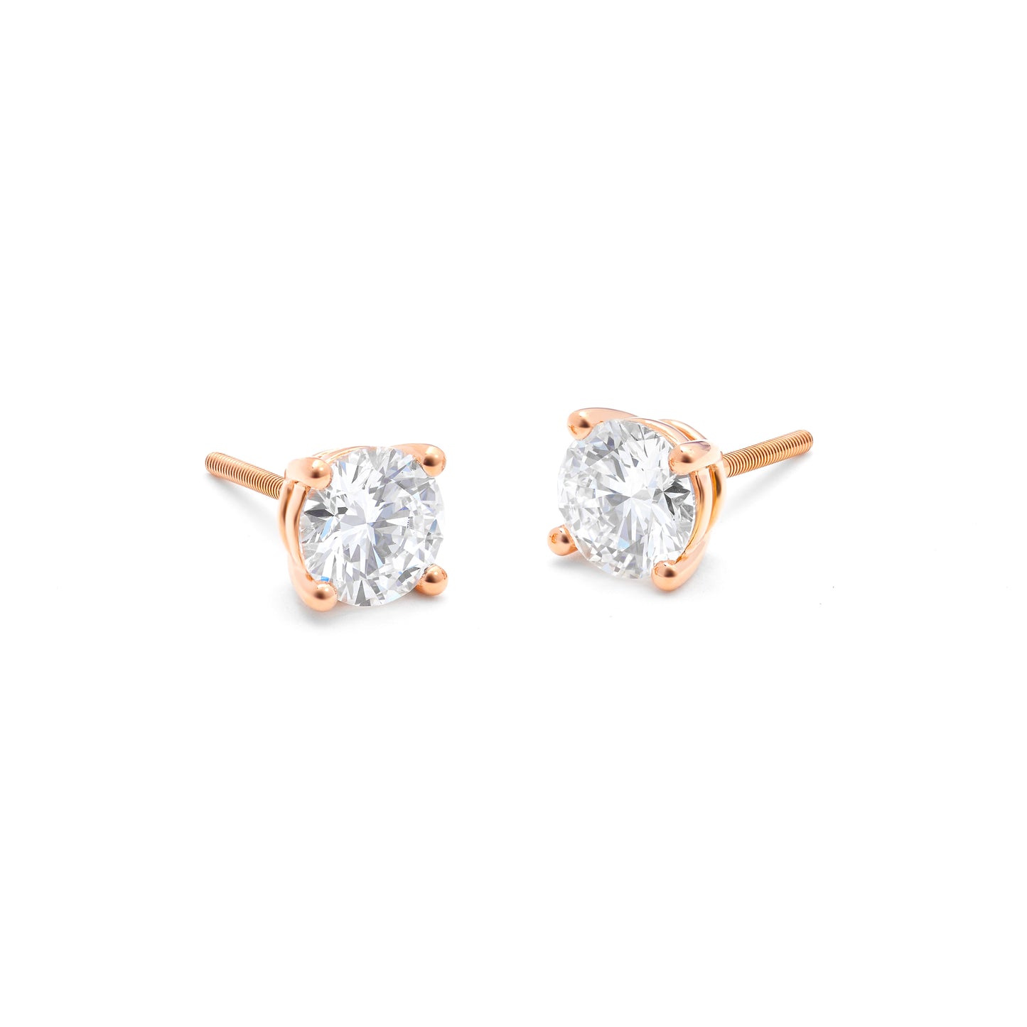 18K Rose Gold Round Brilliant Lab Diamond Solitaire Screw Back Stud Earrings 2.0tdw