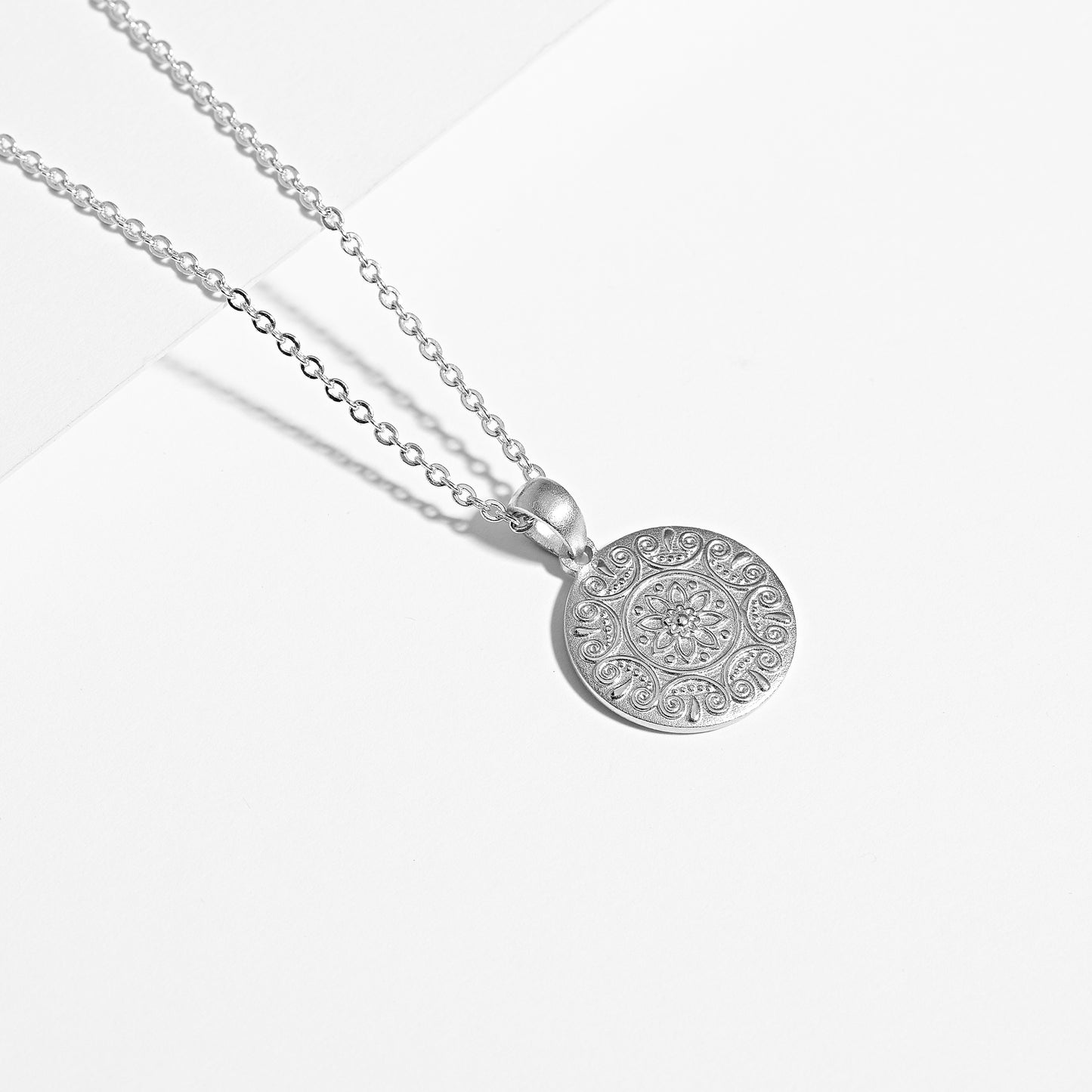 Sterling Silver Fancy Mandala Embossed Round Disc Pendant 15mm