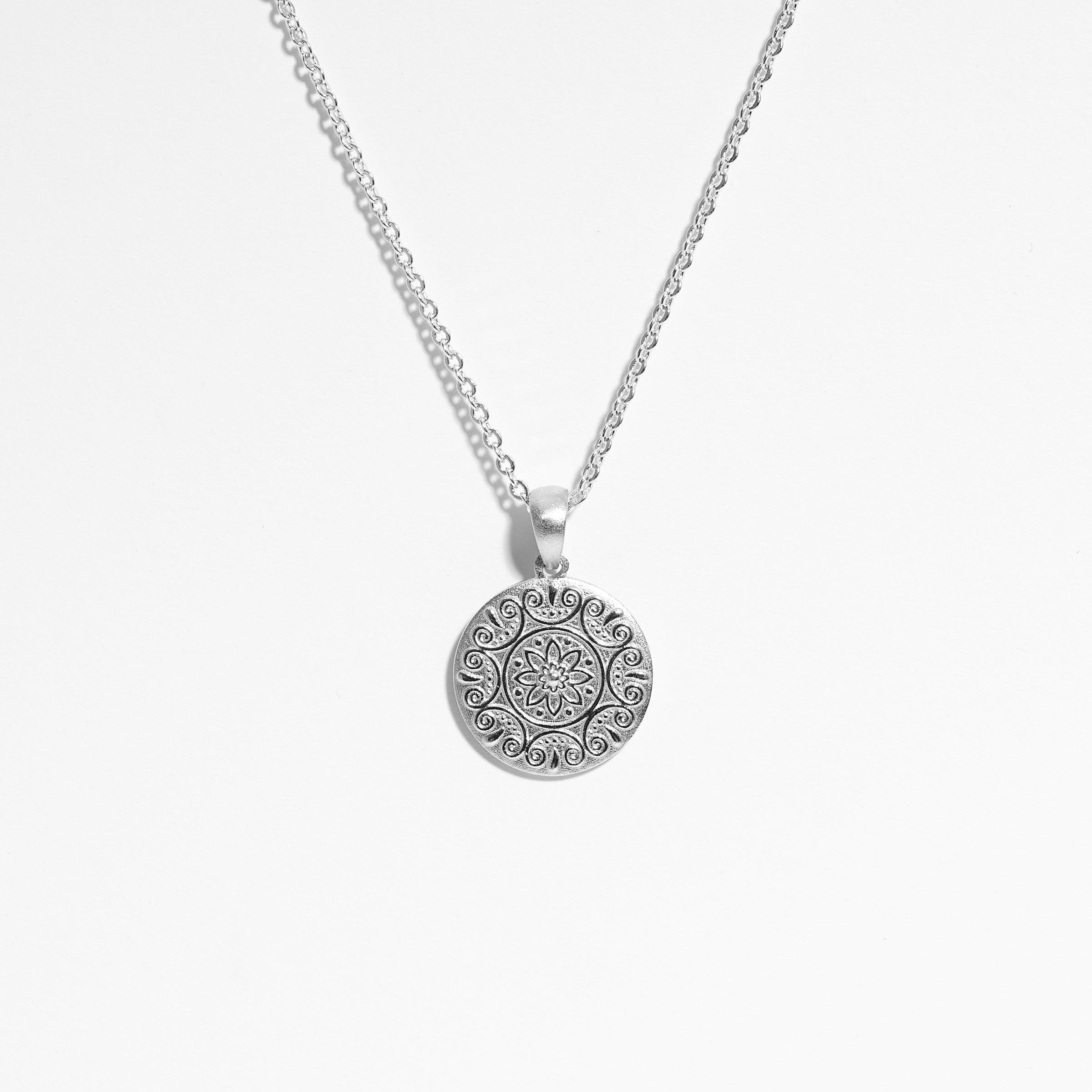 Sterling Silver Fancy Mandala Embossed Round Disc Pendant 15mm