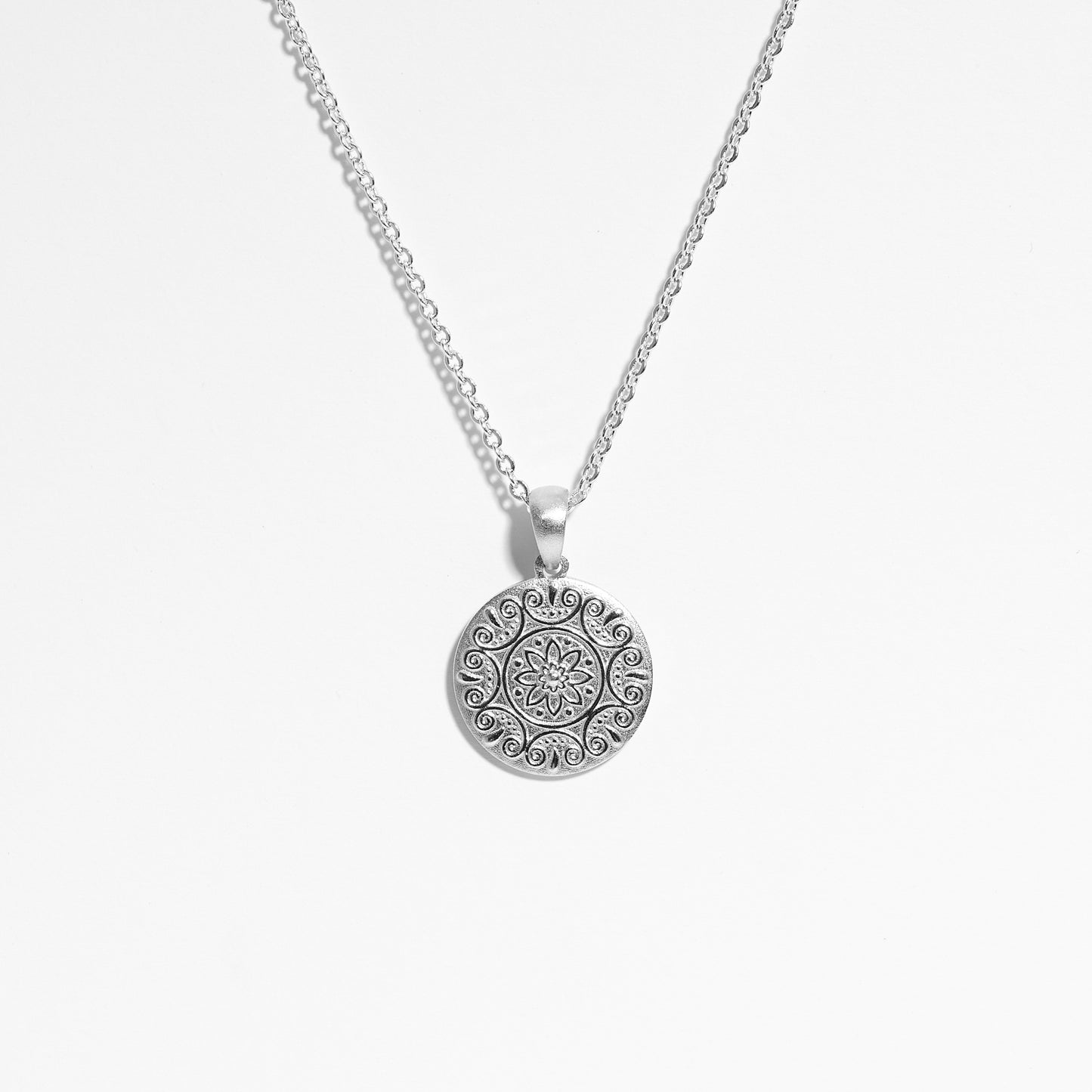 Sterling Silver Fancy Mandala Embossed Round Disc Pendant 15mm