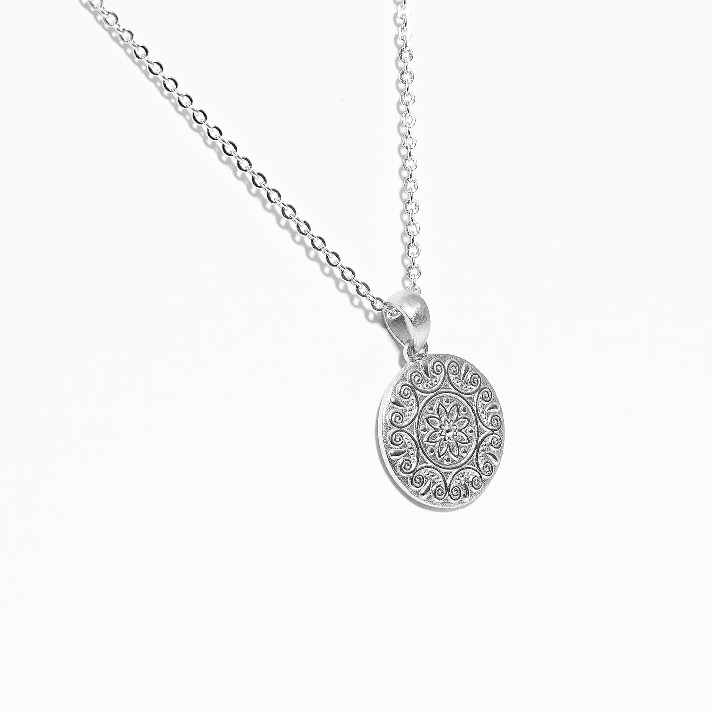 Sterling Silver Fancy Mandala Embossed Round Disc Pendant 15mm