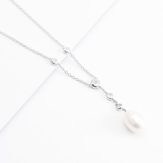 Sterling Silver Freshwater Pearl And Zirconia Necklace