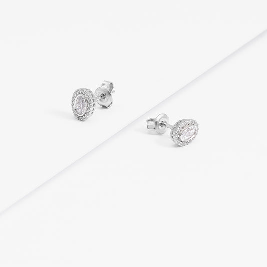 Sterling Silver Bezel Oval Zirconia Halo Stud Earrings