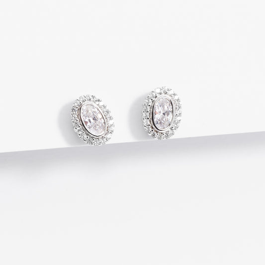 Sterling Silver Bezel Oval Zirconia Halo Stud Earrings