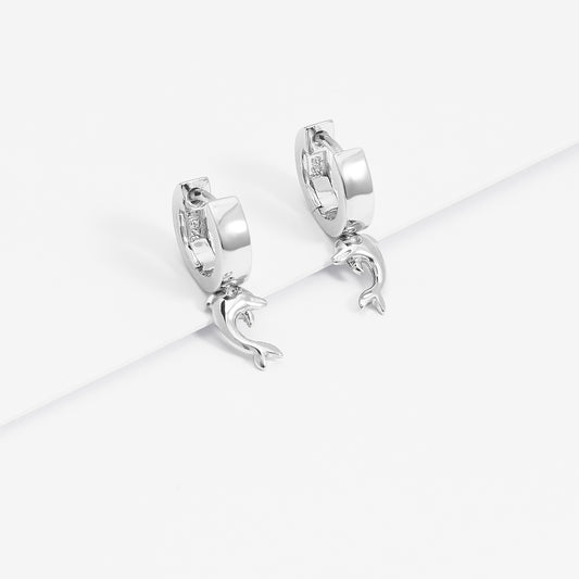 Sterling Silver Huggie Earrings With Dangling Dolphin