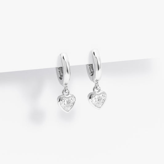 Sterling Silver Huggie Earrings With Dangling Zirconia Heart