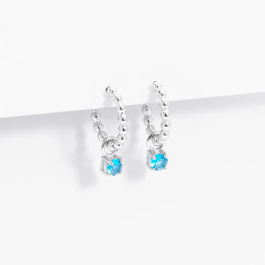 Sterling Silver Beaded Huggie Earrings With Blue Zirconia December Birthstone Drop