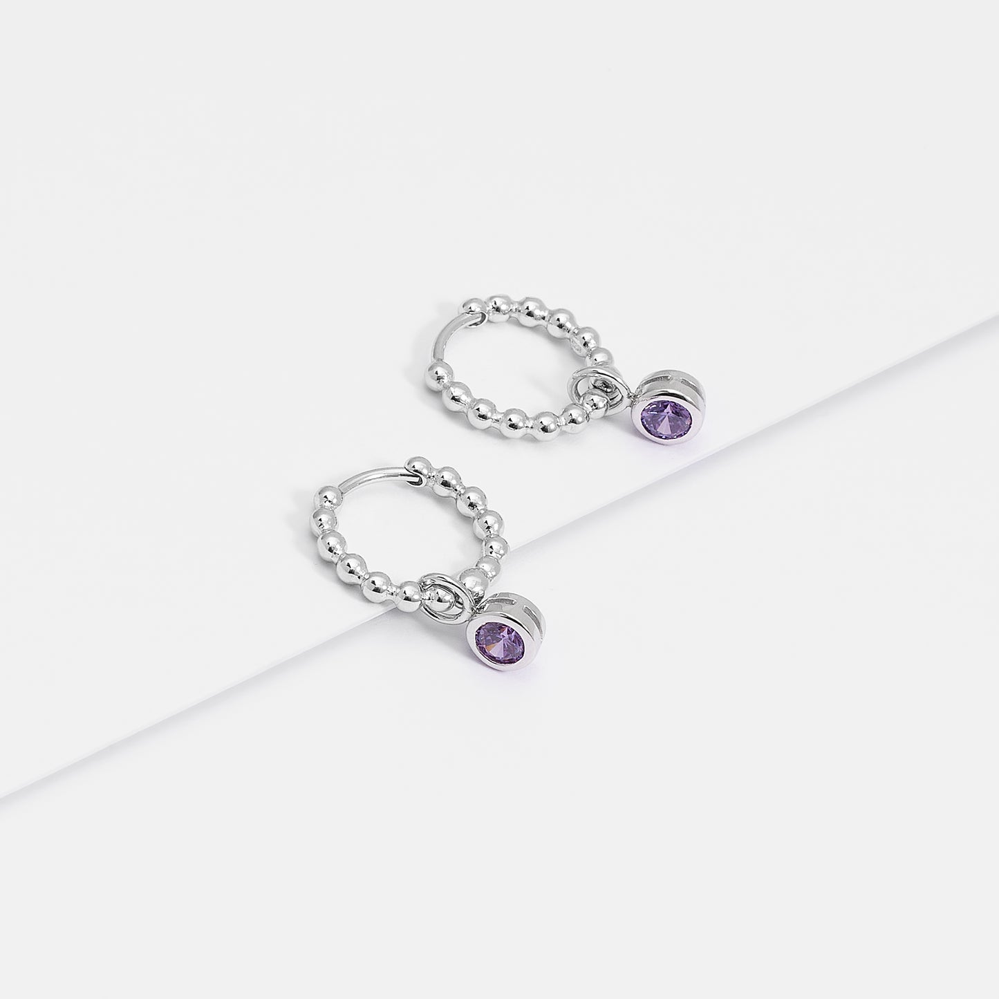 Sterling Silver Beaded Huggie Earrings With Purple Zirconia February Birthstone Drop