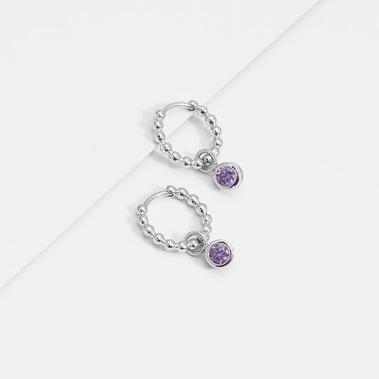 Sterling Silver Beaded Huggie Earrings With Purple Zirconia February Birthstone Drop