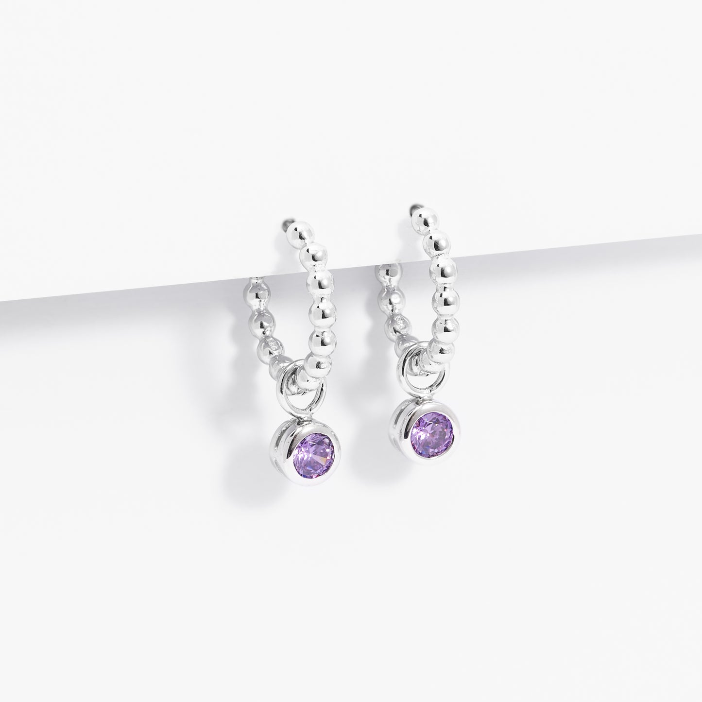 Sterling Silver Beaded Huggie Earrings With Purple Zirconia February Birthstone Drop