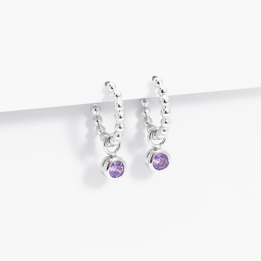 Sterling Silver Beaded Huggie Earrings With Purple Zirconia February Birthstone Drop