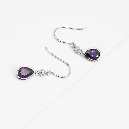 Sterling Silver Purple Pear And Round Zirconia Bezel Shepherd Hook Earrings