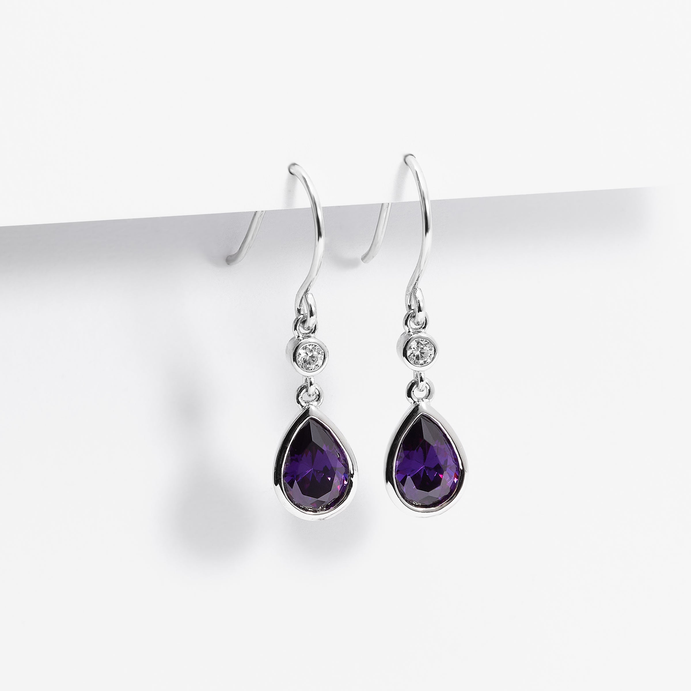 Sterling Silver Purple Pear And Round Zirconia Bezel Shepherd Hook Earrings