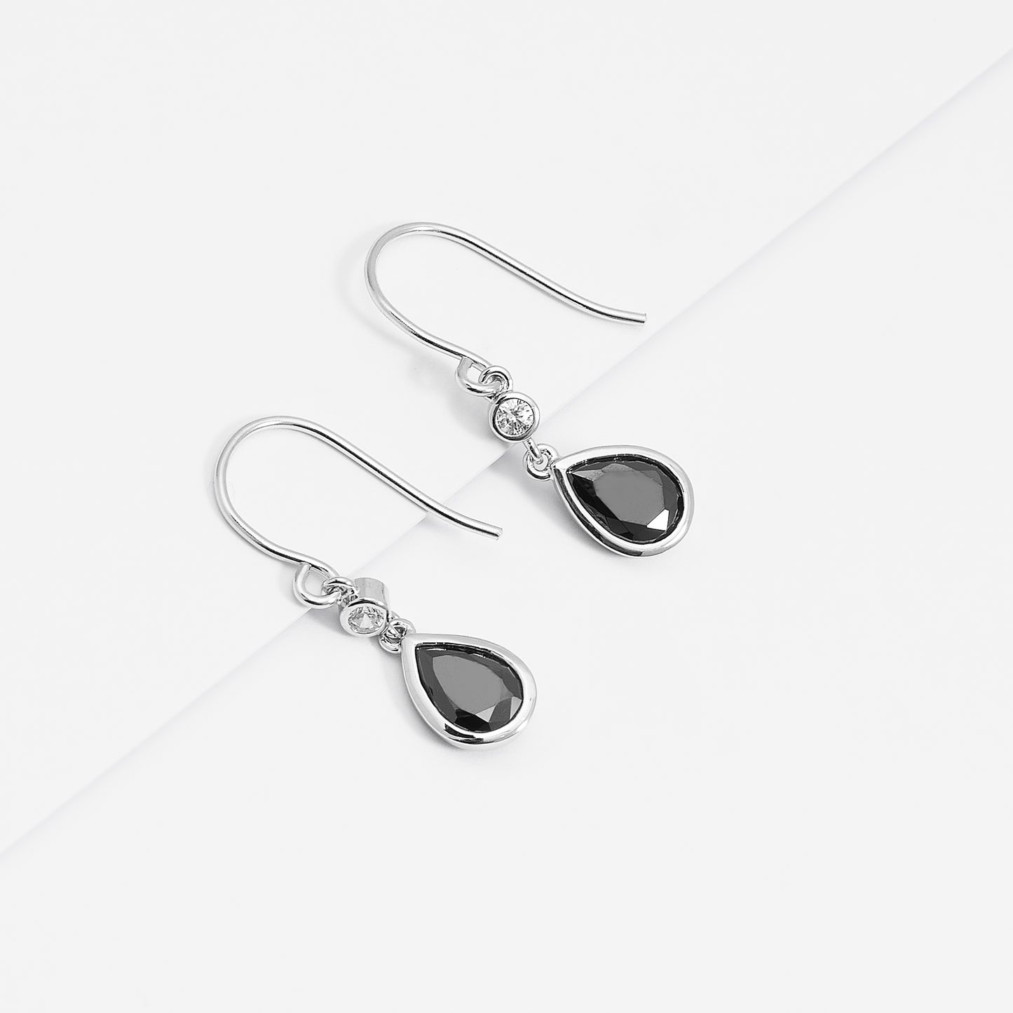 Sterling Silver Black Pear And Round Zirconia Bezel Shepherd Hook Earrings