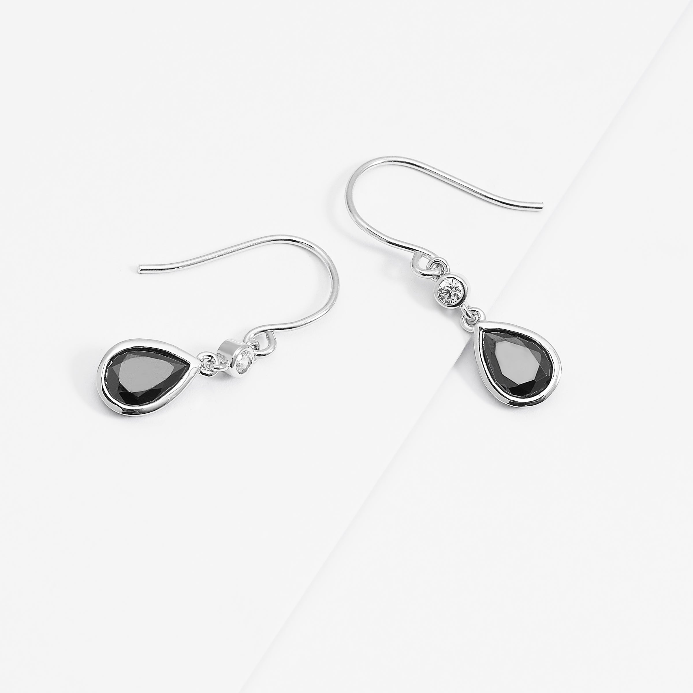 Sterling Silver Black Pear And Round Zirconia Bezel Shepherd Hook Earrings