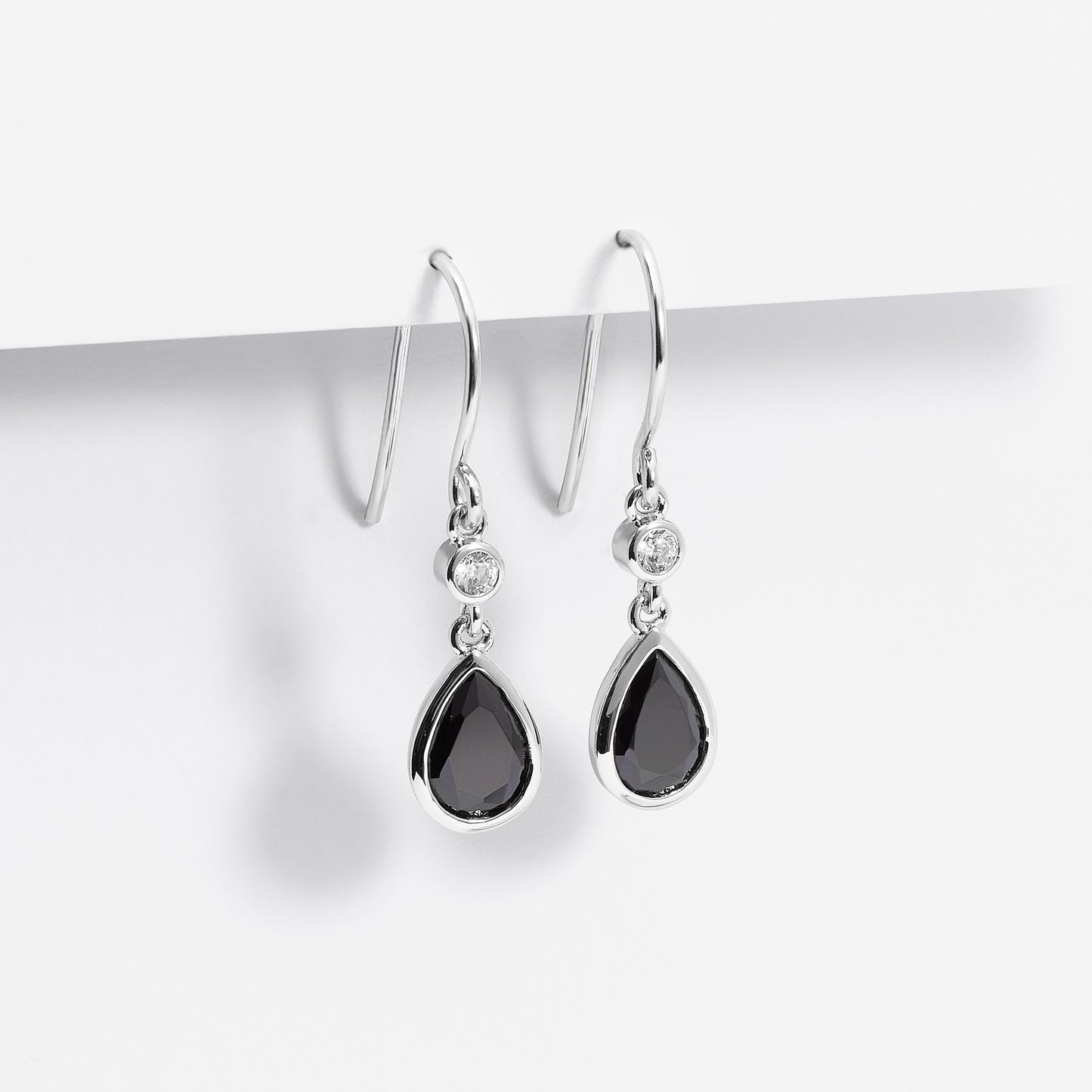 Sterling Silver Black Pear And Round Zirconia Bezel Shepherd Hook Earrings