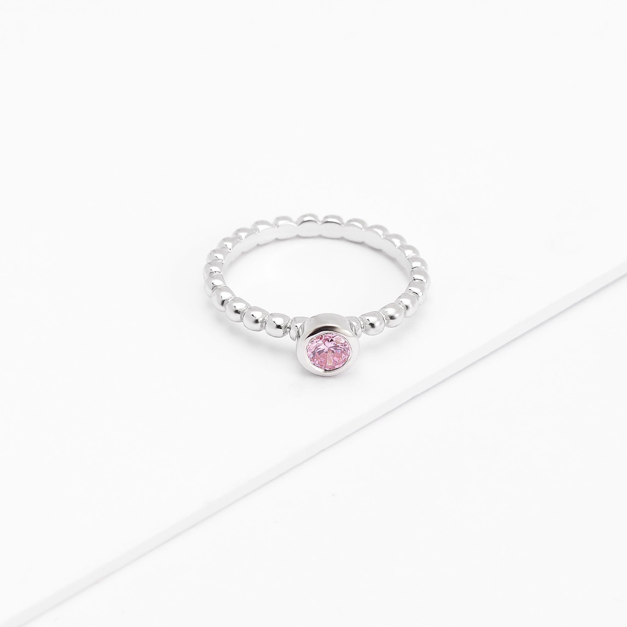 Sterling Silver Bezel Zirconia October Birthstone Beaded Ring