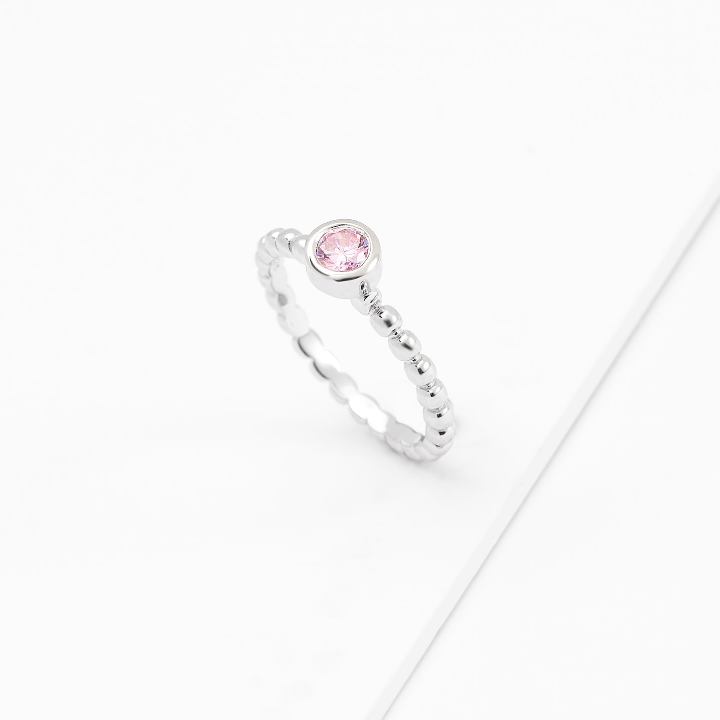 Sterling Silver Bezel Zirconia October Birthstone Beaded Ring